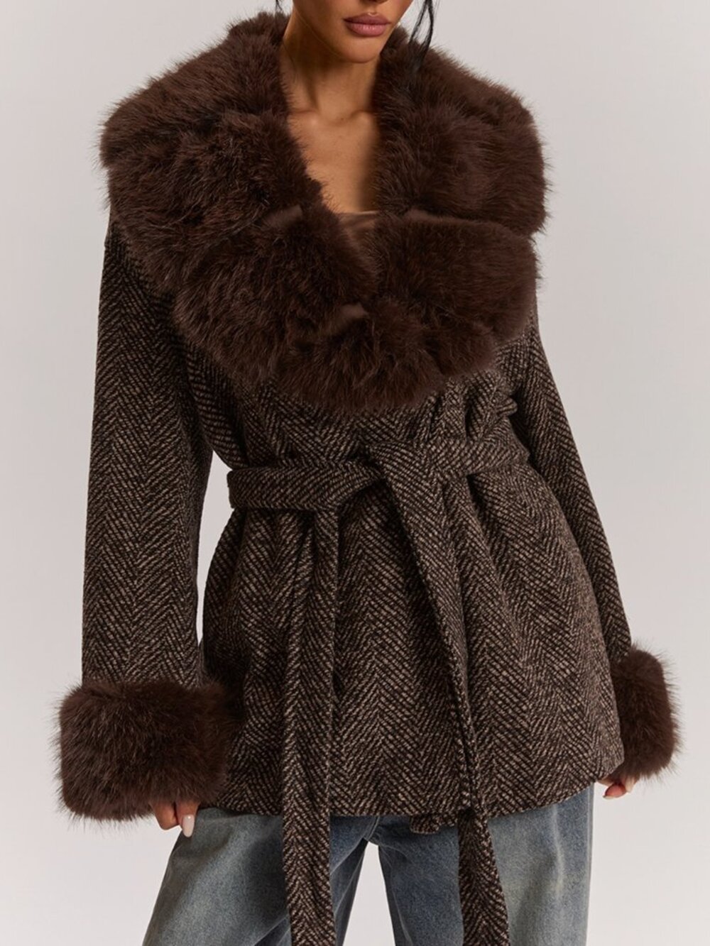 Coffee Brown Party Women's Twill Tweed Faux Fur Trim Belted Coat
